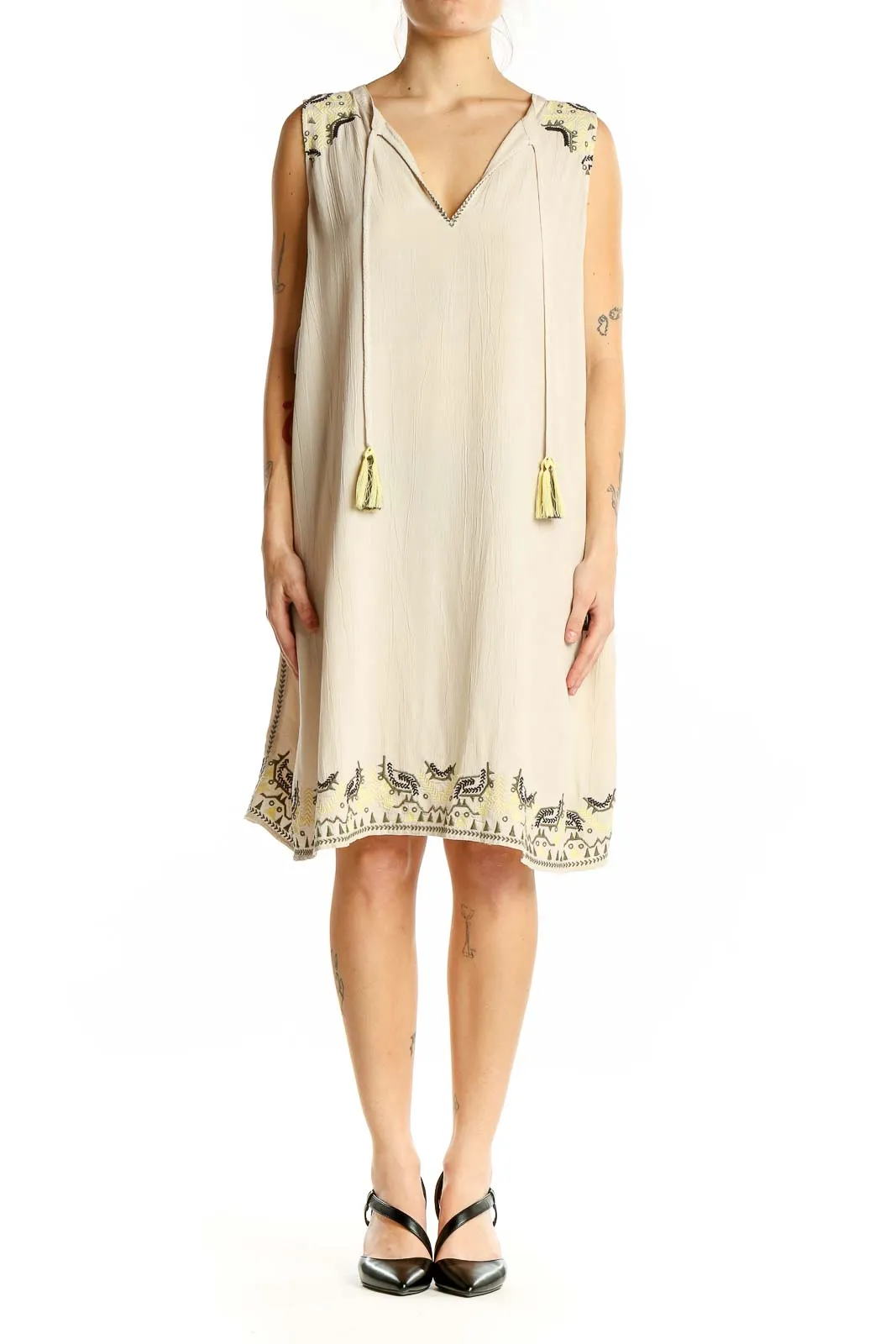 Beige Embroidered Sleeveless Shift Dress
