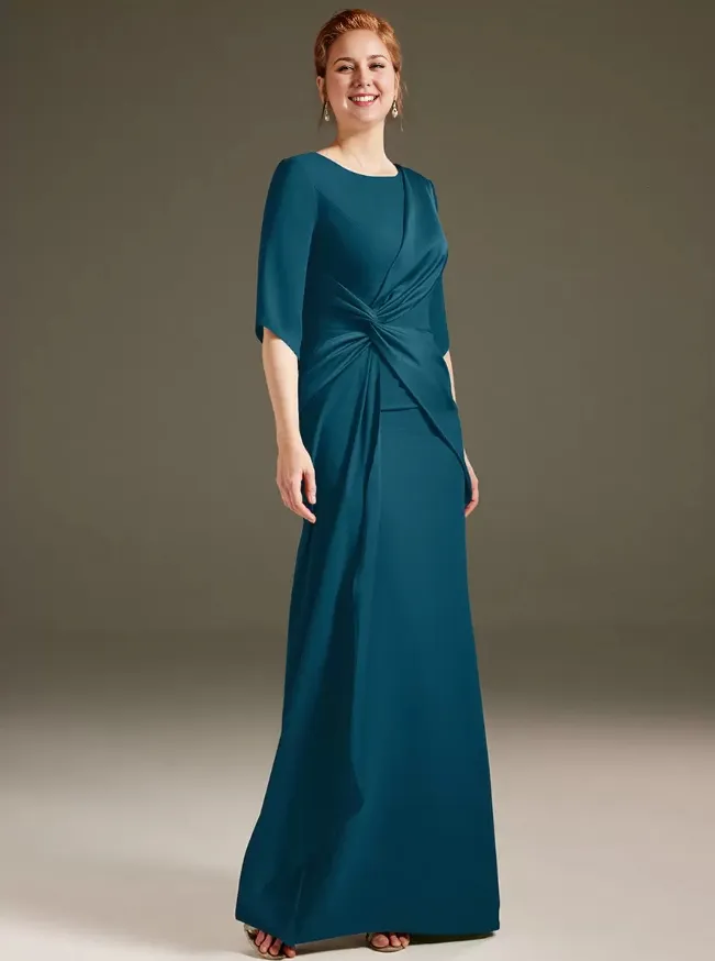 Jewel Neck Short Sleeves Sheath Pleated Wedding Guest Dresses Mother of the Bride Dresse