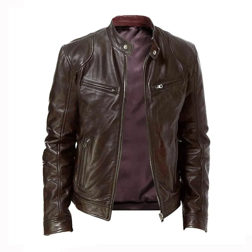 Men's Stand-up Collar Slim Leather Jacket