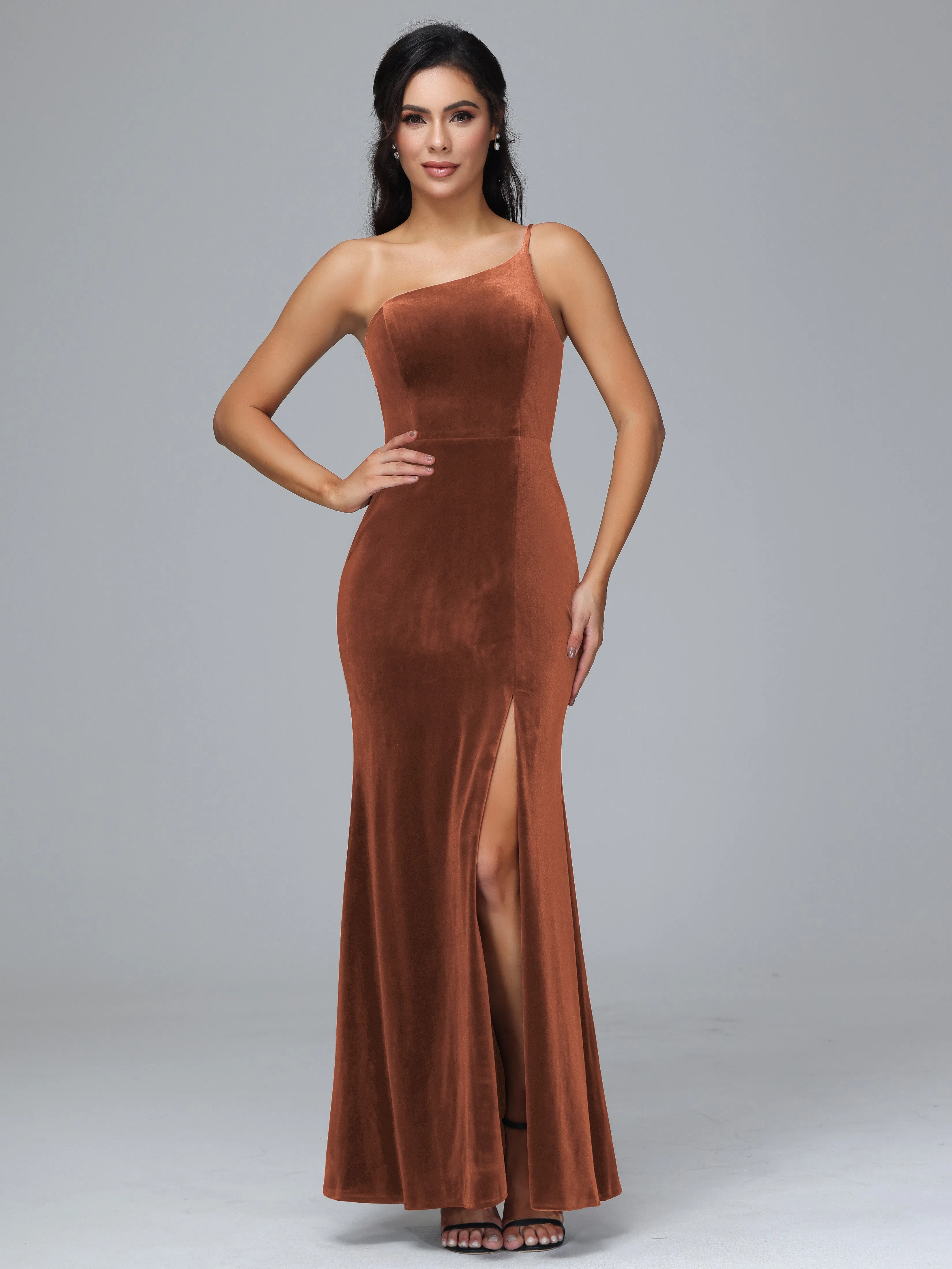 One Shoulder Sheath Split Velvet Bridesmaid Dresses