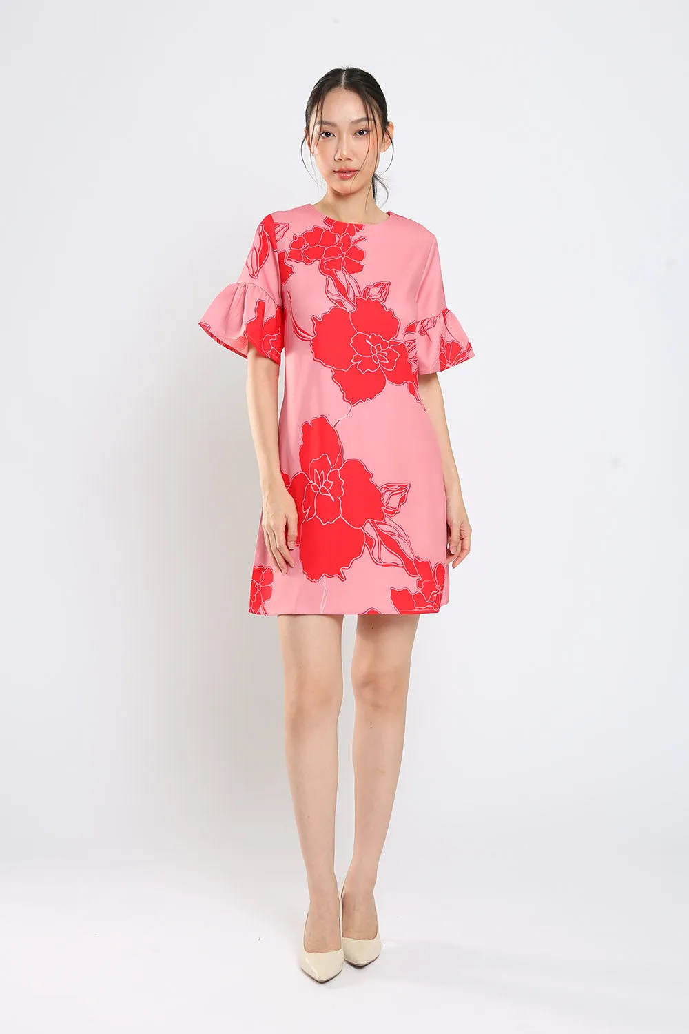Sylvie Shift Dress in Red Floral Print