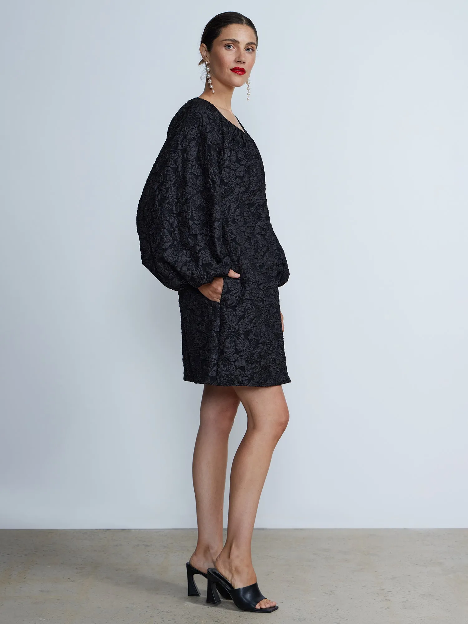 Textured Puff-Sleeve Shift Dress