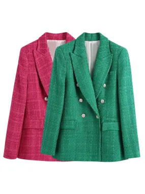 Wjczt Women  Fashion Double Breasted Tweed Green Blazer Coat Vintage Long Sleeve Flap Pockets Female Outerwear Chic Veste